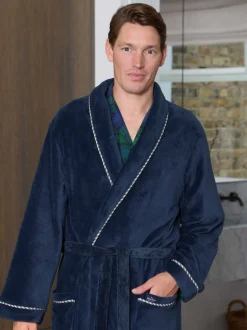 Bleu - Robe de chambre Savile Row Company légère en polaire douce à bords de corde