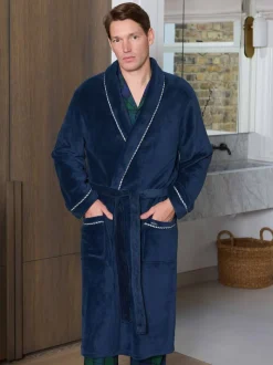 Bleu - Robe de chambre Savile Row Company légère en polaire douce à bords de corde