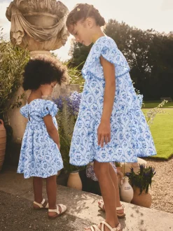 Bleu - Robe Fleuri manches ange (3-16ans)