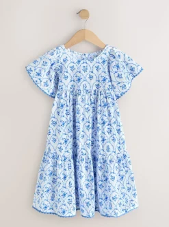 Bleu - Robe Fleuri manches ange (3-16ans)