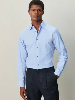 Bleu - Slim Fit (Slim Fit) - Chemise habillée texturée à manches longues avec bordure