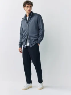 Bleu - Sweat à col cheminée zippé en jersey riche en coton