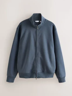 Bleu - Sweat à col cheminée zippé en jersey riche en coton