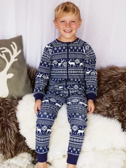 Bleu - The Little Tailor Kids Reindeer Noël Motif Fair Isle 100% Coton Tout-en-un