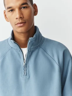 Bleu avio - Sweat-shirt épais délavé à col zippé