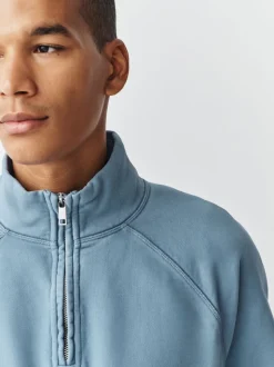 Bleu avio - Sweat-shirt épais délavé à col zippé