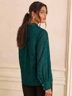 Bleu canard Tissu dévoré - Chemisier Love & Roses zippé à manches longues sur le devant