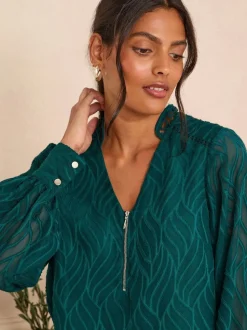 Bleu canard Tissu dévoré - Chemisier Love & Roses zippé à manches longues sur le devant