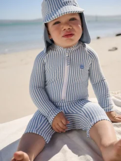 Bleu clair - Ensemble maillot de bain et chapeau anti-soleil rayé (3mois-7ans)