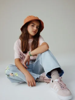 Bleu clair - Jean barrel brodé fleuri (3-16ans)