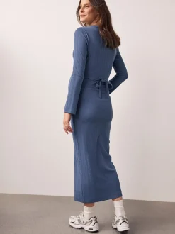 Bleu clair - Robe côtelée à col en V cravatée dans le dos