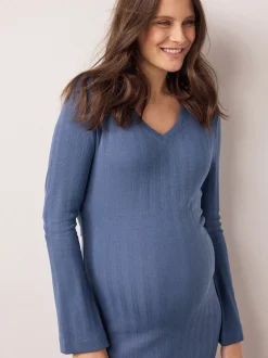 Bleu clair - Robe côtelée à col en V cravatée dans le dos