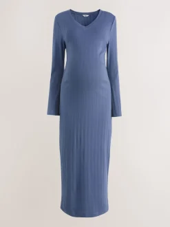 Bleu clair - Robe côtelée à col en V cravatée dans le dos