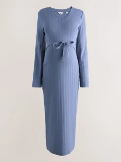 Bleu clair - Robe côtelée à col en V cravatée dans le dos