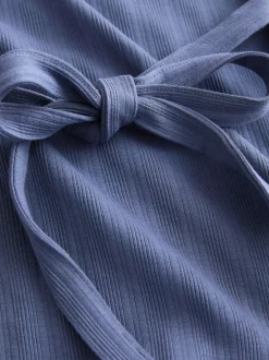 Bleu clair - Robe côtelée à col en V cravatée dans le dos