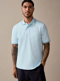 Bleu clair ottoman - Polo coupe classique à manches courtes et liserés