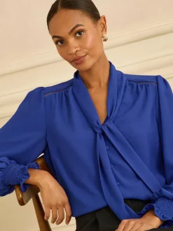 Bleu cobalt - Chemisier Love & Roses manches longues à nœud lavallière