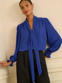 Bleu cobalt - Chemisier Love & Roses manches longues à nœud lavallière