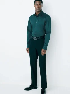 Bleu de sarcelle - Ajustement régulier - Chemise élégante texturée facile d’entretien à poignets simples