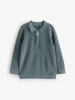 Bleu de sarcelle - Manches longues Quarter Zip Knitted Polos (3mths-7yrs)