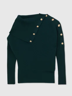 Bleu de sarcelle - Pull châle Reiss Lexi en maille côtelée à boutons