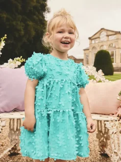 Bleu de sarcelle - Robe manches courtes  3D Flowers Robe (3mois -8ans)