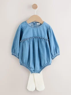 Bleu Denim - Ensemble de barboteuses Bébé Bloomer 2 pièces avec collants (0mois-3ans)