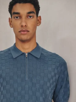 Bleu Denim - Polo N. Premium Coupe classique en maille à manches courtes et col zippé à damiers