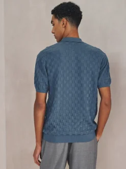 Bleu Denim - Polo N. Premium Coupe classique en maille à manches courtes et col zippé à damiers