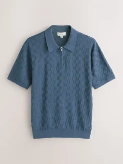 Bleu Denim - Polo N. Premium Coupe classique en maille à manches courtes et col zippé à damiers