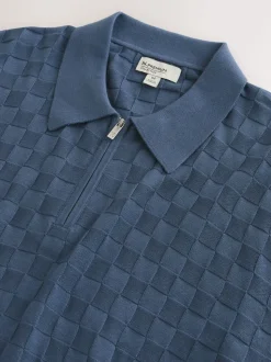 Bleu Denim - Polo N. Premium Coupe classique en maille à manches courtes et col zippé à damiers