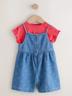 bleu foncé - Combinaison et T-shirts en Denim imprimé cerise (3mois-7ans)