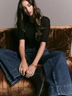 bleu foncé - Jean extensible Ample taille haute