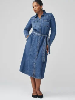 bleu foncé - Robe chemise mi-longue en Denim à buste plus ample