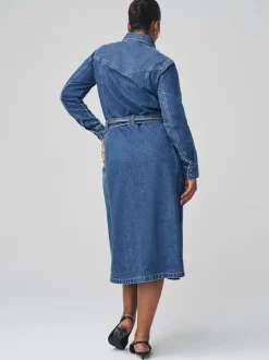 bleu foncé - Robe chemise mi-longue en Denim à buste plus ample