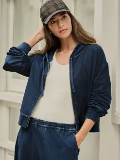 bleu foncé - Sweat à capuche zippé en jersey Denim