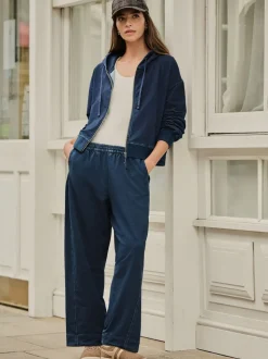 bleu foncé - Sweat à capuche zippé en jersey Denim