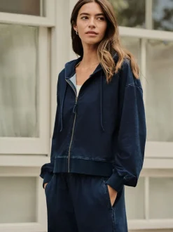 bleu foncé - Sweat à capuche zippé en jersey Denim