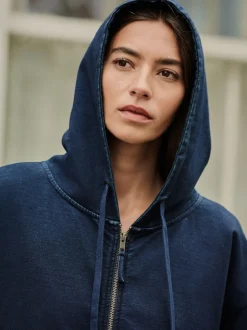 bleu foncé - Sweat à capuche zippé en jersey Denim
