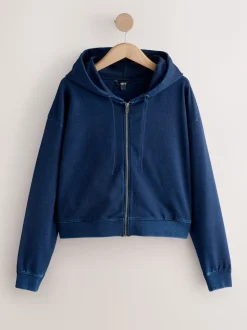 bleu foncé - Sweat à capuche zippé en jersey Denim