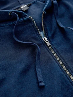 bleu foncé - Sweat à capuche zippé en jersey Denim