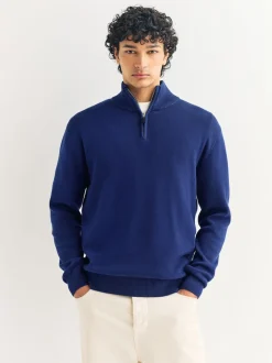bleu foncé - Uni - Pull N.Premium Coupe classique 100% Coton Premium à fermeture éclair