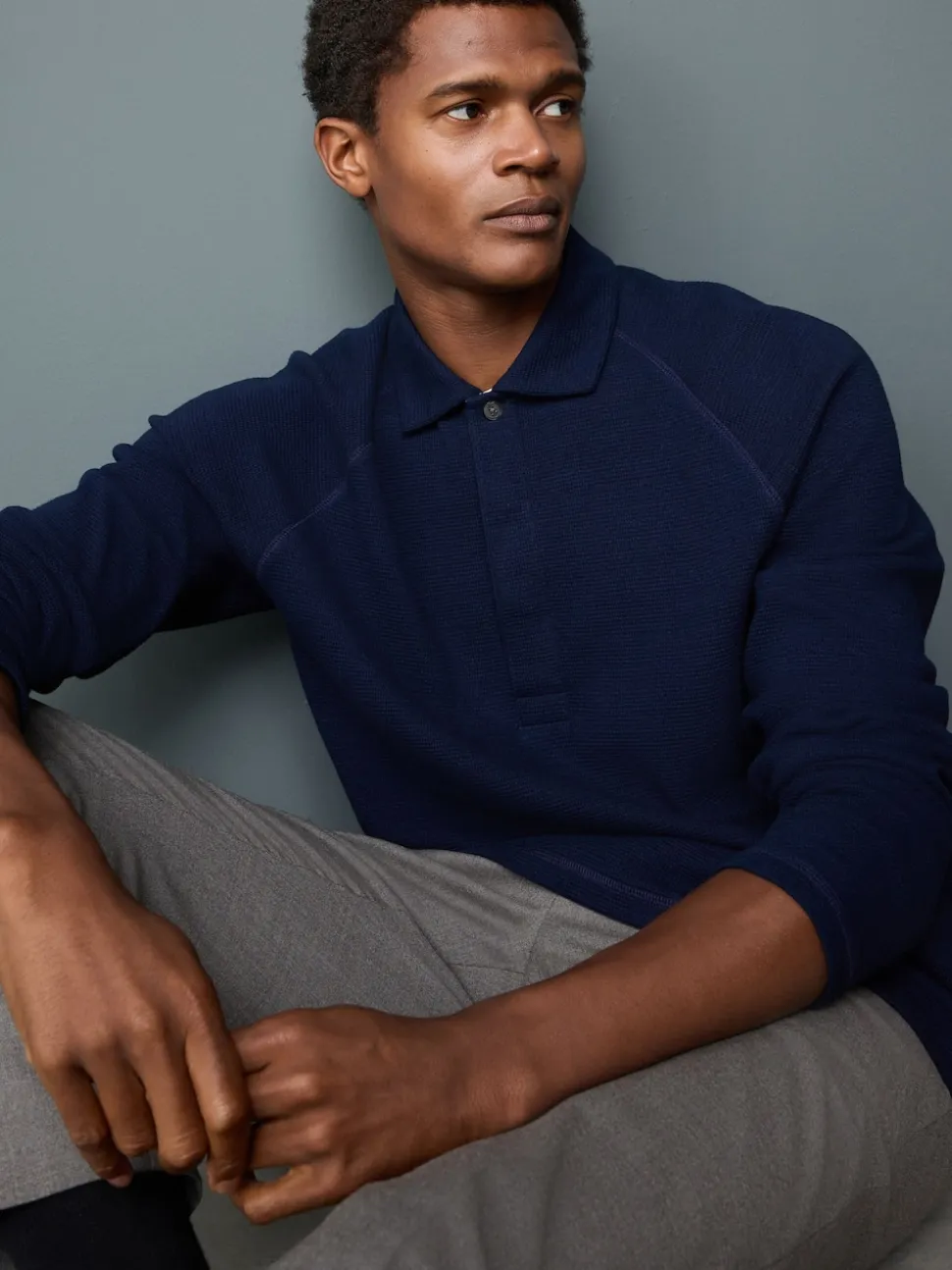 Bleu indigo - Manches longues - Polo texturé à manches longues gaufré