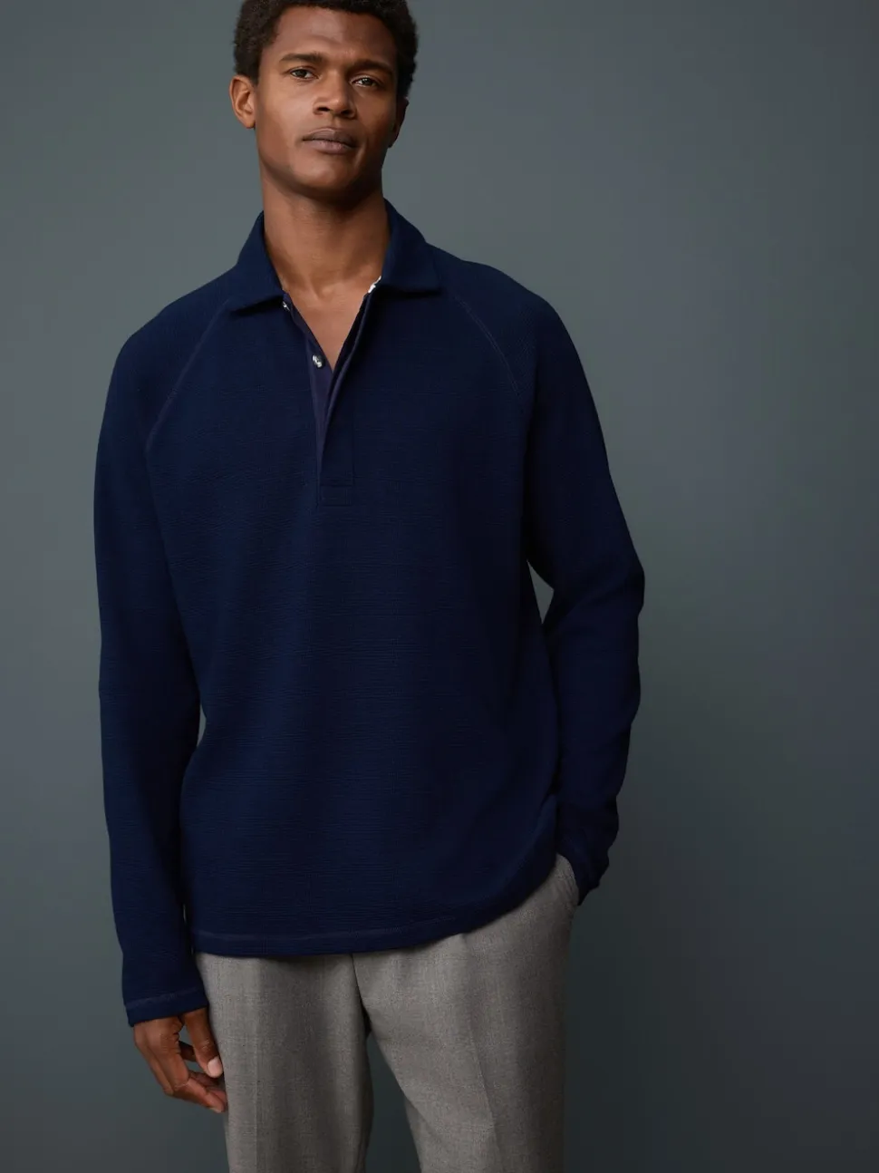 Bleu indigo - Manches longues - Polo texturé à manches longues gaufré