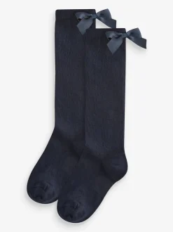 Bleu marine - 2 Chaussettes genoux riches Nœud en coton Lot