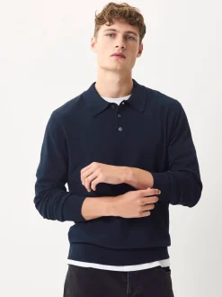 Bleu marine - Ajustement régulier - Polo en maille à manches longues riche en coton