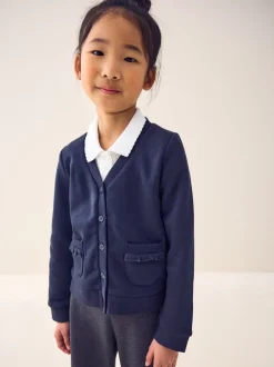 Bleu marine - Cardigan scolaire en jersey à poches volantées en coton riche (3-16ans)