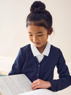 Bleu marine - Cardigan scolaire en jersey à poches volantées en coton riche (3-16ans)