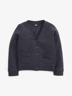 Bleu marine - Cardigan scolaire en jersey à poches volantées en coton riche (3-16ans)