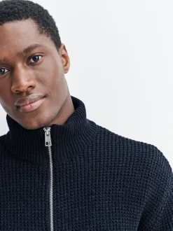 Bleu marine - Cardigan zippé en chenille Texture gaufré Coupe classique